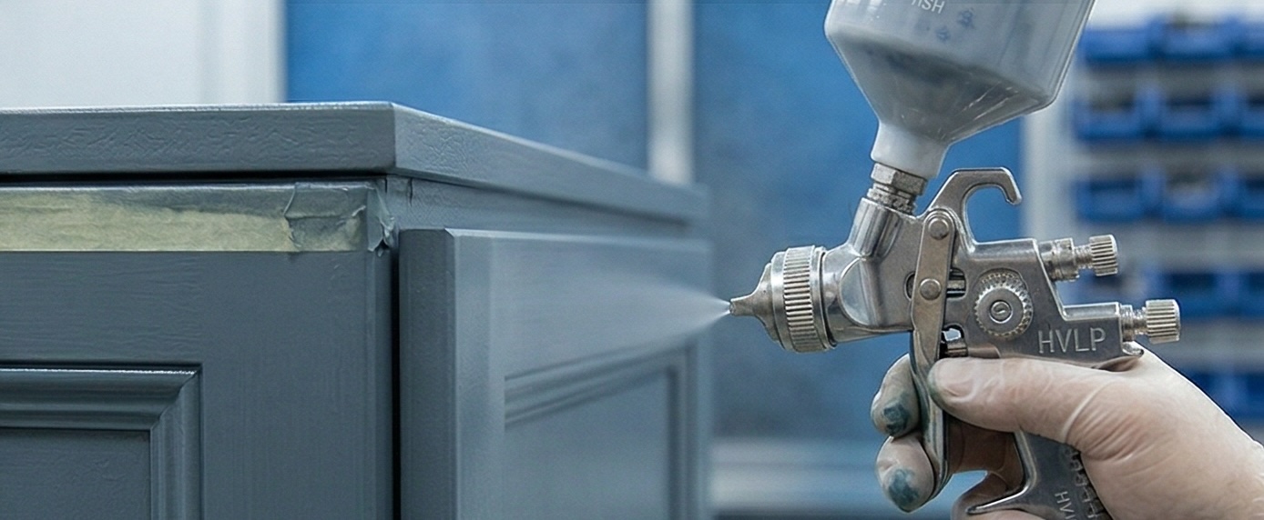 HVLP spray gun applying a gray finish to a cabinet door