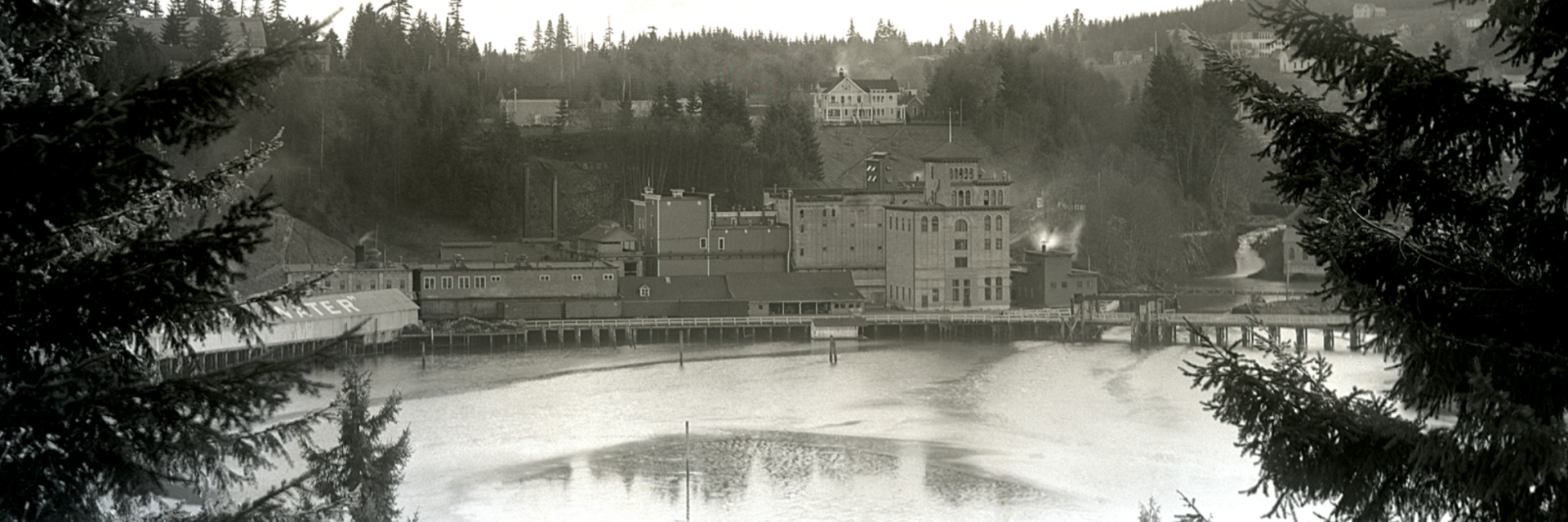 Historical panorama of the Olympia Brewery complex from across the river, early 1900s